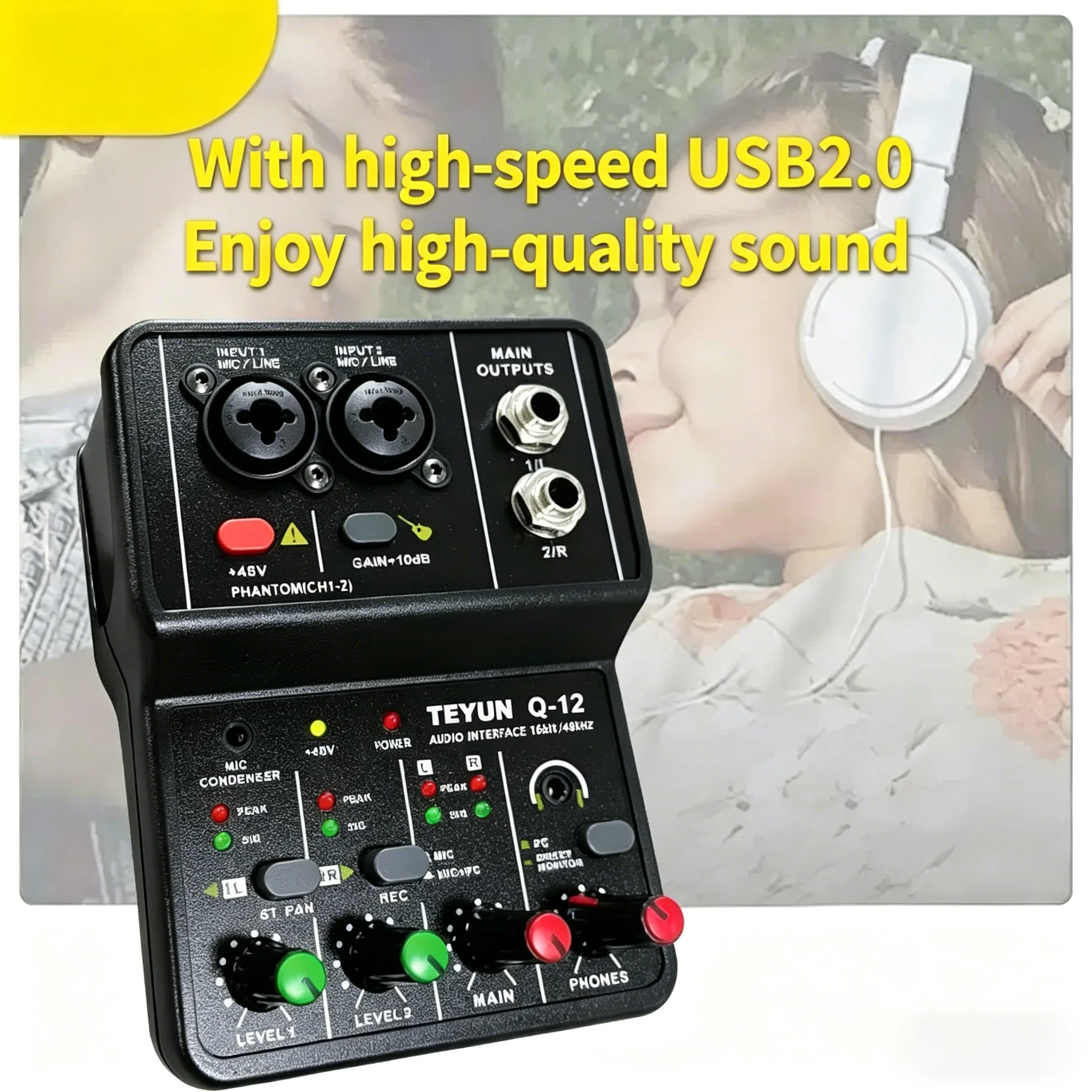 2 채널 전문 휴대용 오디오 인터페이스 사운드 카드 콘솔 기타 녹음 스튜디오 용 미니 USB 믹서 노래 TEYUN Q12