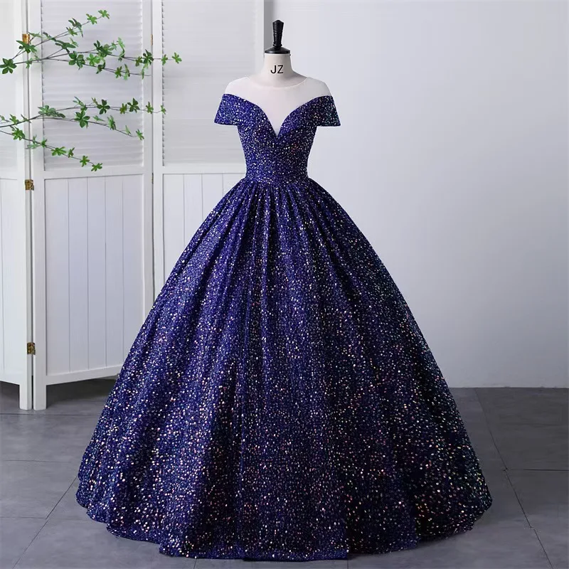 

Navy Blue Sequin Quinceanera Dresses Sheer V-neck Ball Gown Formal Party Dress Prom Dress For Mexican Girls Vestido De 15 Anos