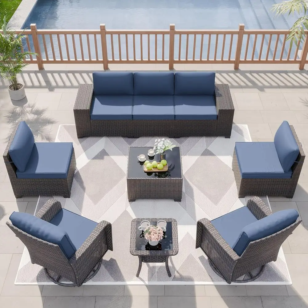 

9-Piece Outdoor Patio Furniture Set with Rattan Wicker Sofa, Swivel Rocking Chairs, Sectional Sofa, and Navy Blue Cushions