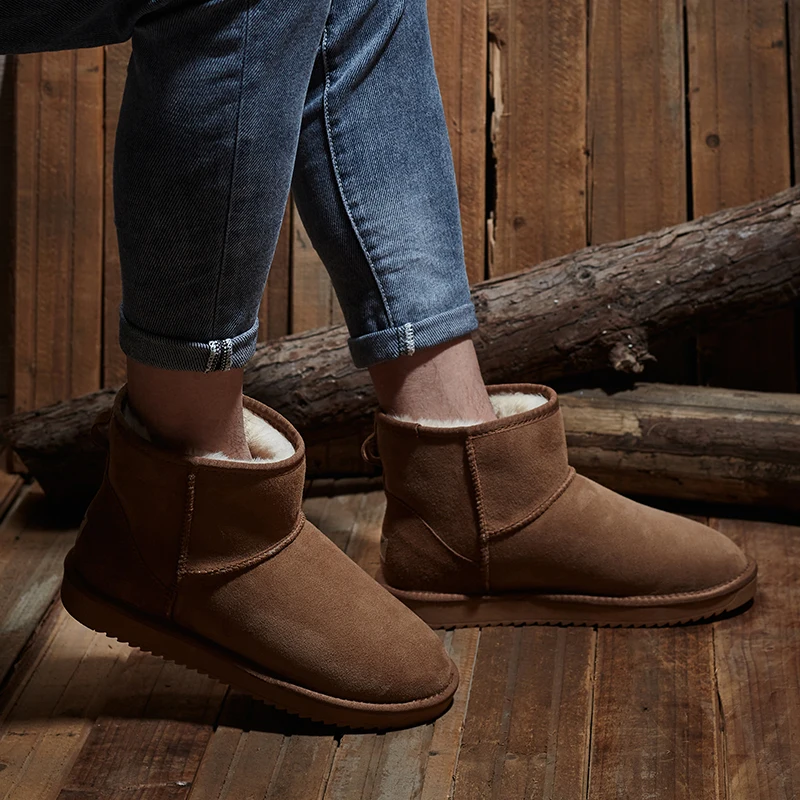 KZZO Size 37-48 Australia Classic Real Sheepskin Suede Leather Men Sheep Wool Fur Lined Winter Short Ankle Snow Boots Grey Shoes