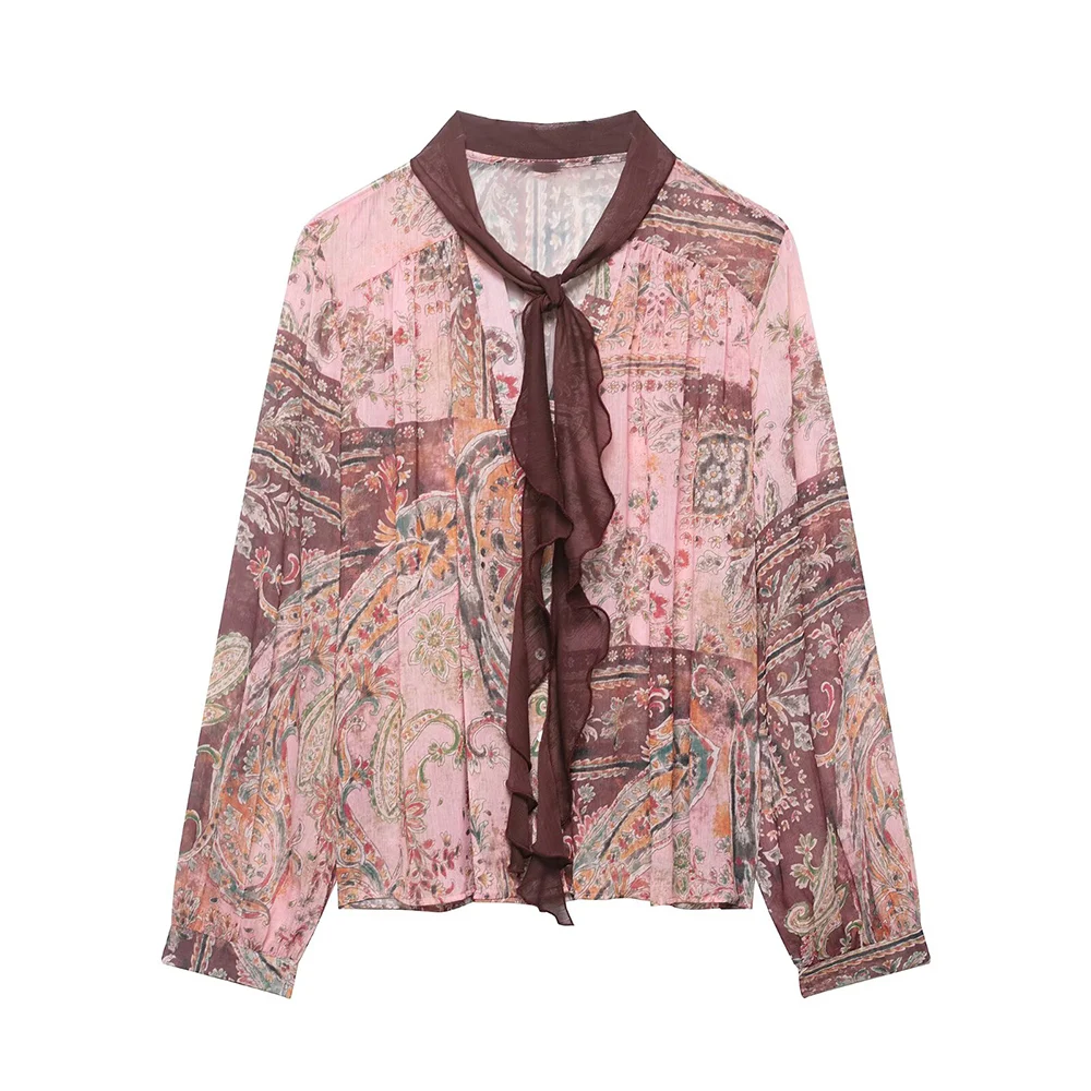 

WOMAN 2026 Summer New Fashion Single-breasted Printed Bow Blouses Retro Long Sleeve Casual Female Shirts Blusas Chic Tops
