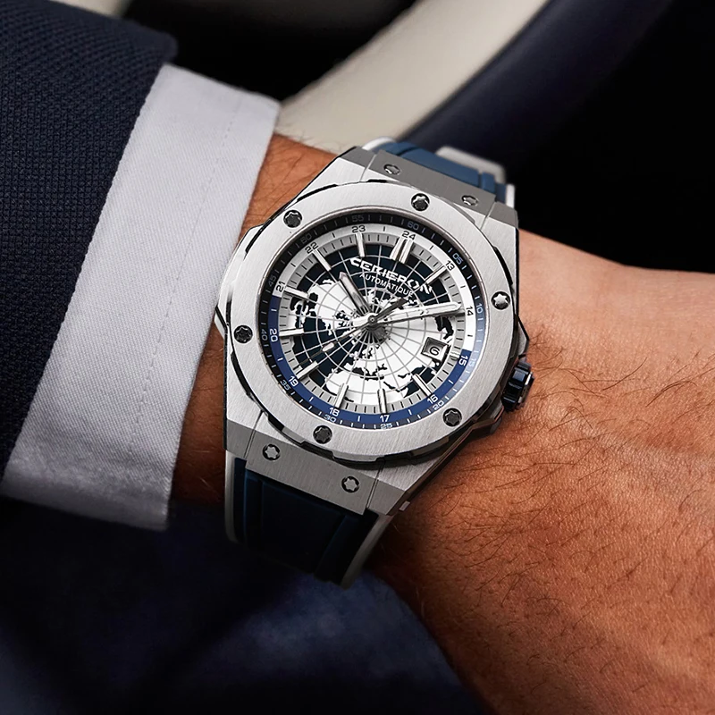 Mechanical Watch for Men Fashion Military Sport Analog Automatic Wristwatch with Silicone Strap Stainless Steel Waterproof Reloj