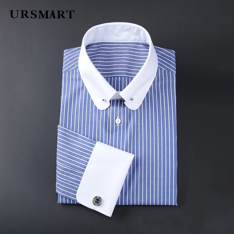 

French cuffs men's long sleeved shirt empire collar rounded off collar 100% cotton slim fit business British shirt for men