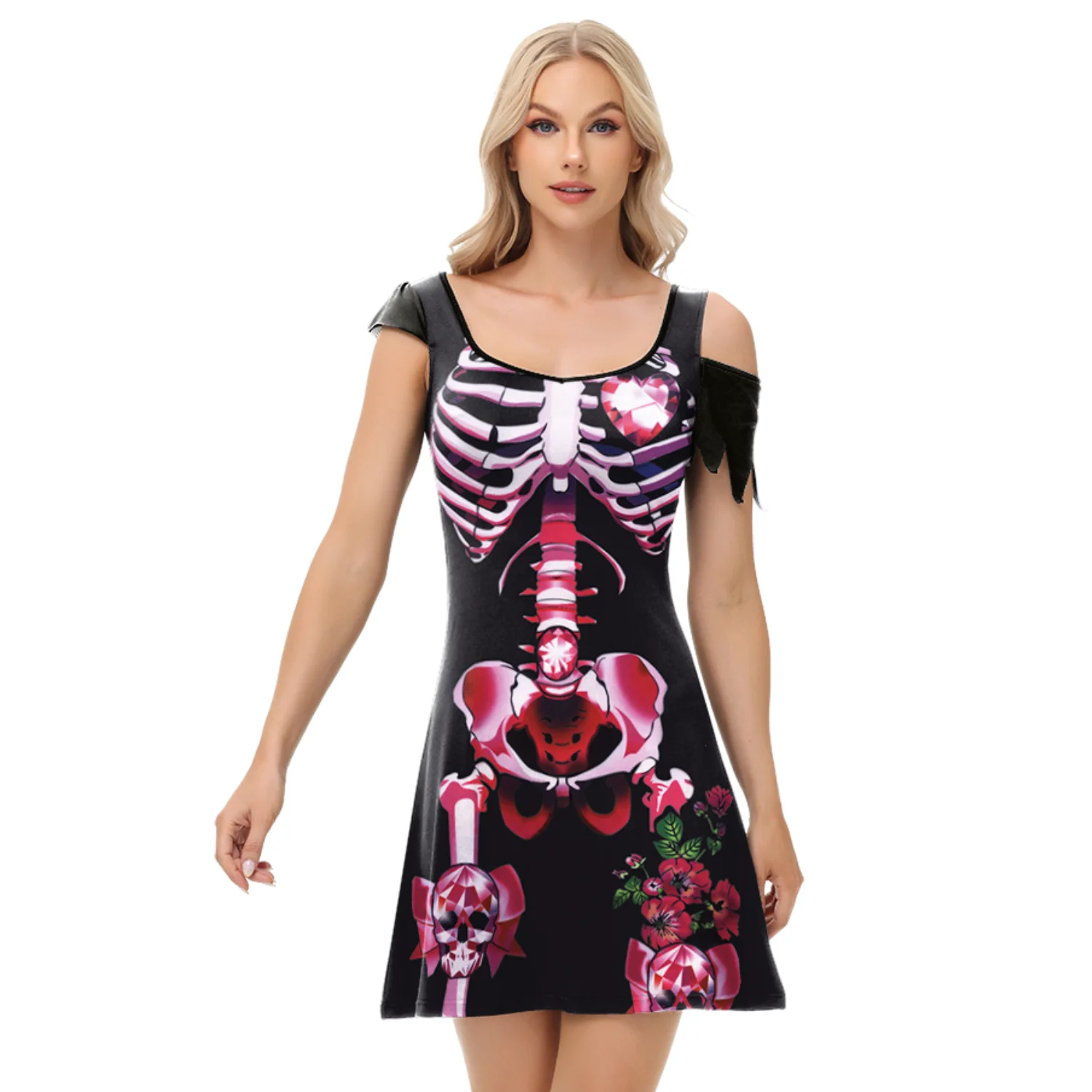

Funny Pink Skeleton Dress Halloween Ghost Cospaly Costume Women Dress Day of The Dead Robe Skull Dress Carnival Party Outfit