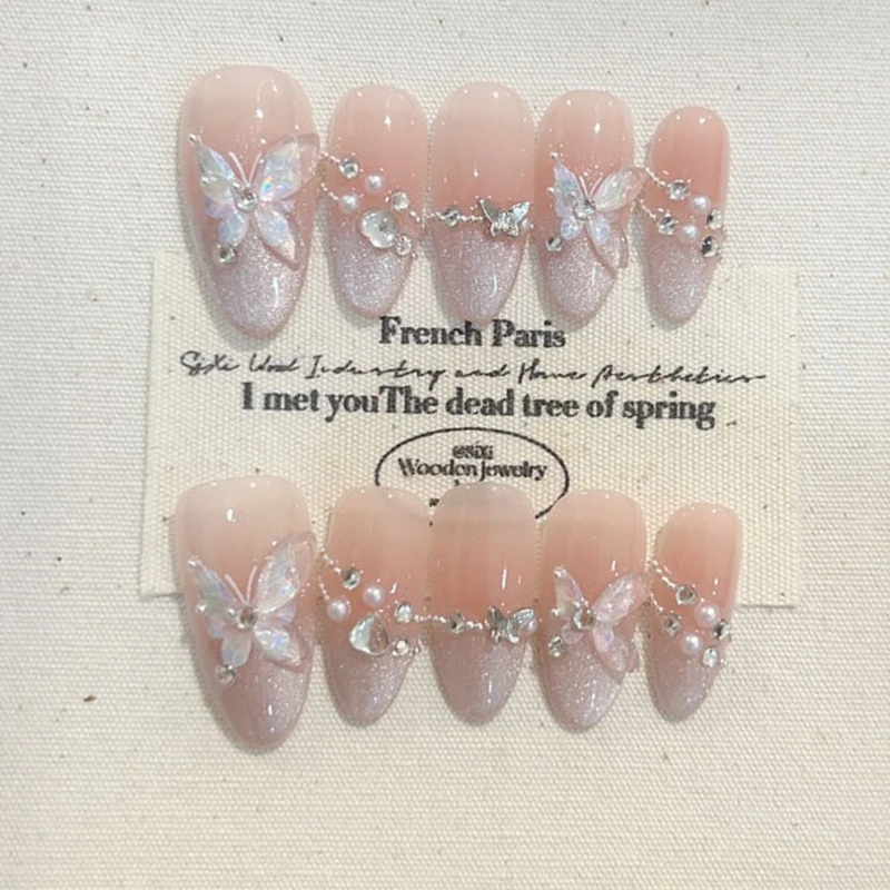 

10Pcs Short Almond Cat Eye Nail Tip French Finished with Flower Butterfly Rhinestone Designs Wearable Manicure Fashion for Women