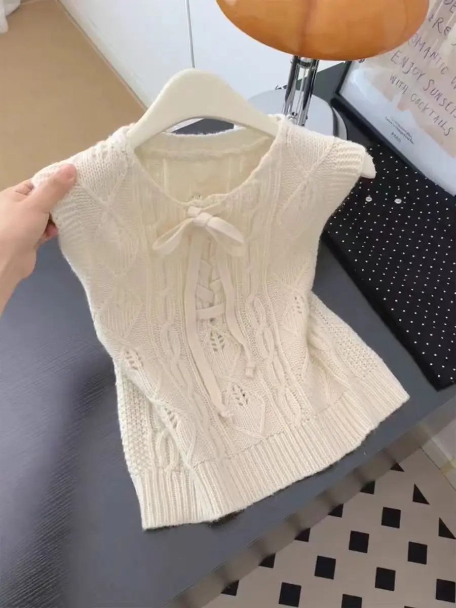 

Korean Sle Casual Loose Knitted Vest Women's Svel Crop Top Autumn New Arrival Slimming Effect Round Ne Tie Waist