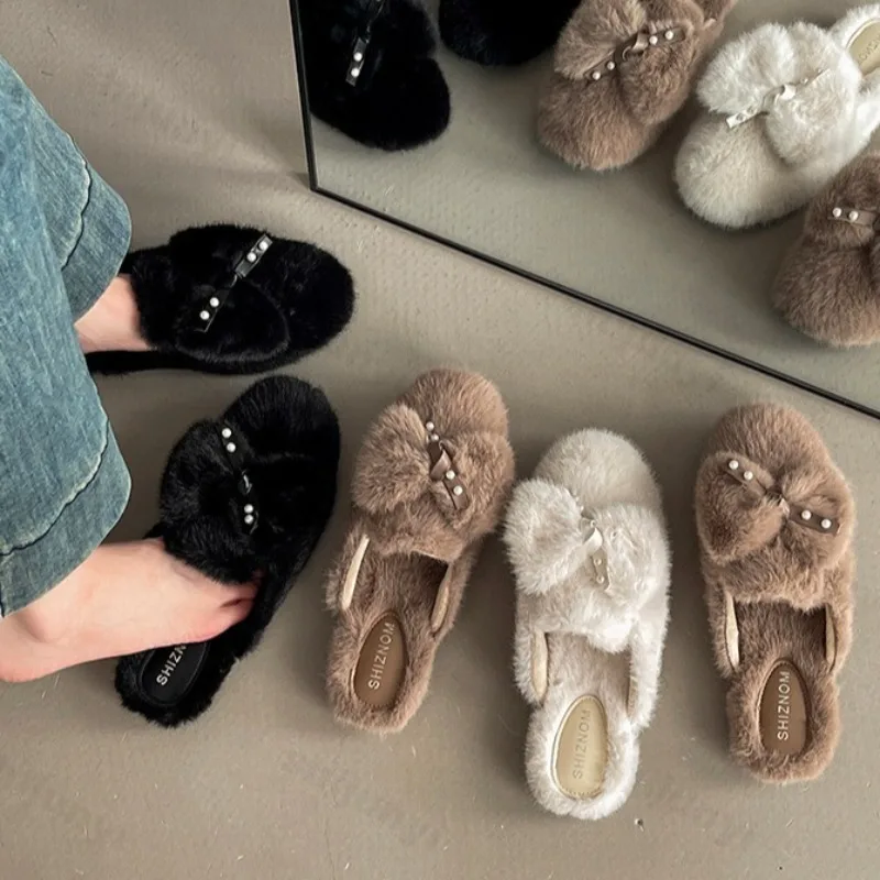 

Fashion Versatile Bow Design Casual Hairy Slippers for Women's Winter 2025 New Warm Soft Soled Comfortable Plush Cotton Draggers