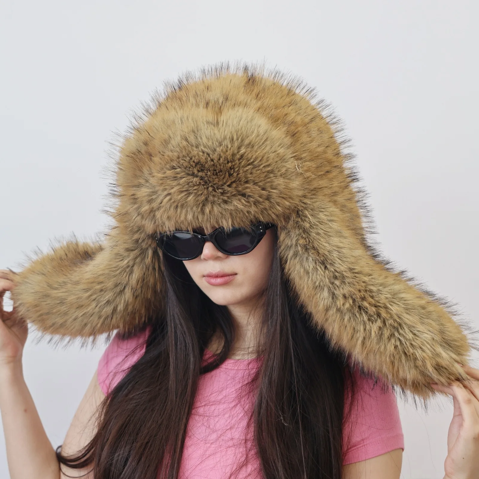 Y2K Autumn Winter Women Faux Racoon Fur Bomber Cap with Earflap Female Fluffy Hat