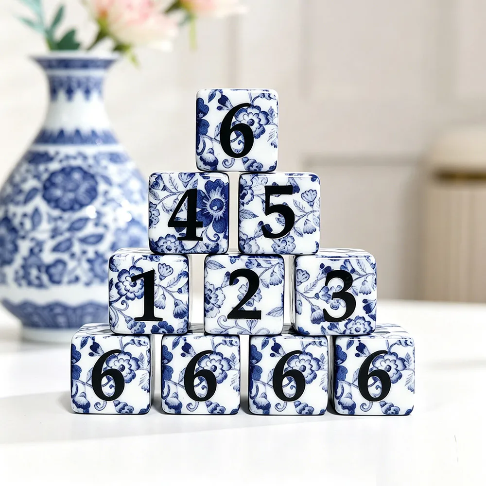 12Pcs D6 Dice, Chinese Blue And White Porcelain Floral Pattern Square Number Dice, Acrylic Six-Sided Dice For DND RPG Tabletop