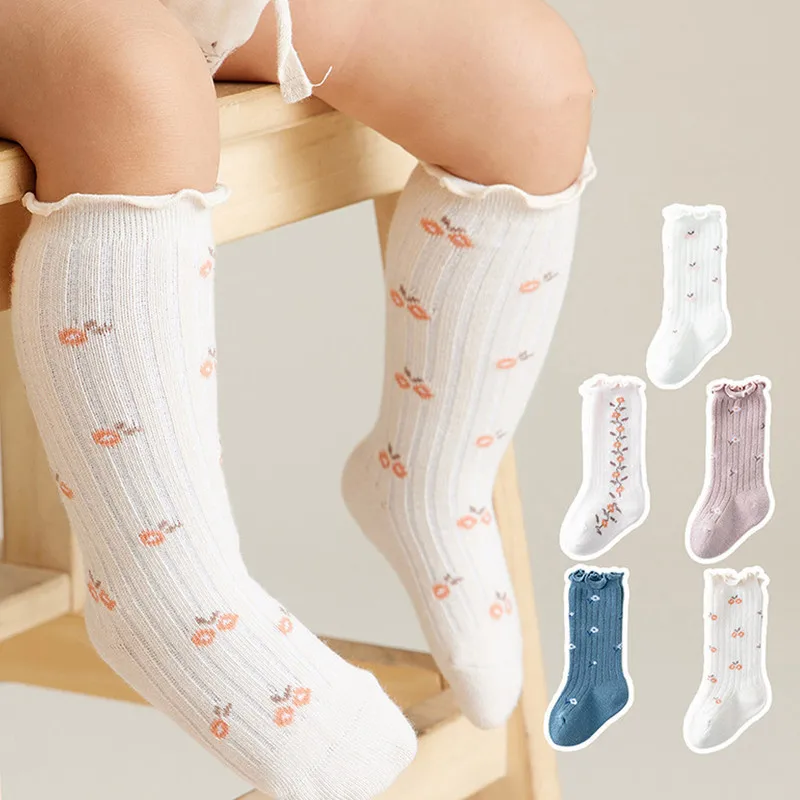 

Toddlers Baby Girl Boy Socks Knee High Socks Lettuce Cuffs Floral Print Infant Uniform Tube Stockings for Newborn