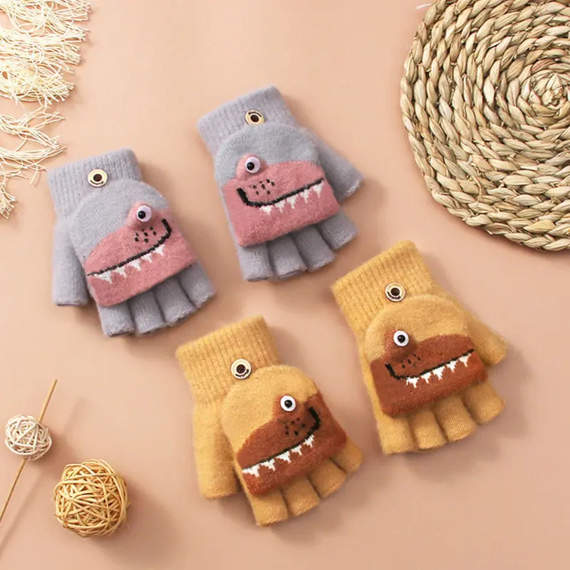 Детские зимние толстые теплые перчатки без пальцев из искусственного меха, мультяшные перчатки, трансформируемые варежки с откидной крышкой, варежки с половиной пальца, От 5 до 12 лет