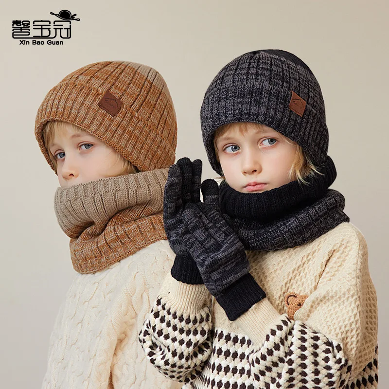 

-Border Children's Hat Scarf Gloves Three-Piece Set Big Children Winter Warm Ear Fleece-Lined Knitting Woolen Ca