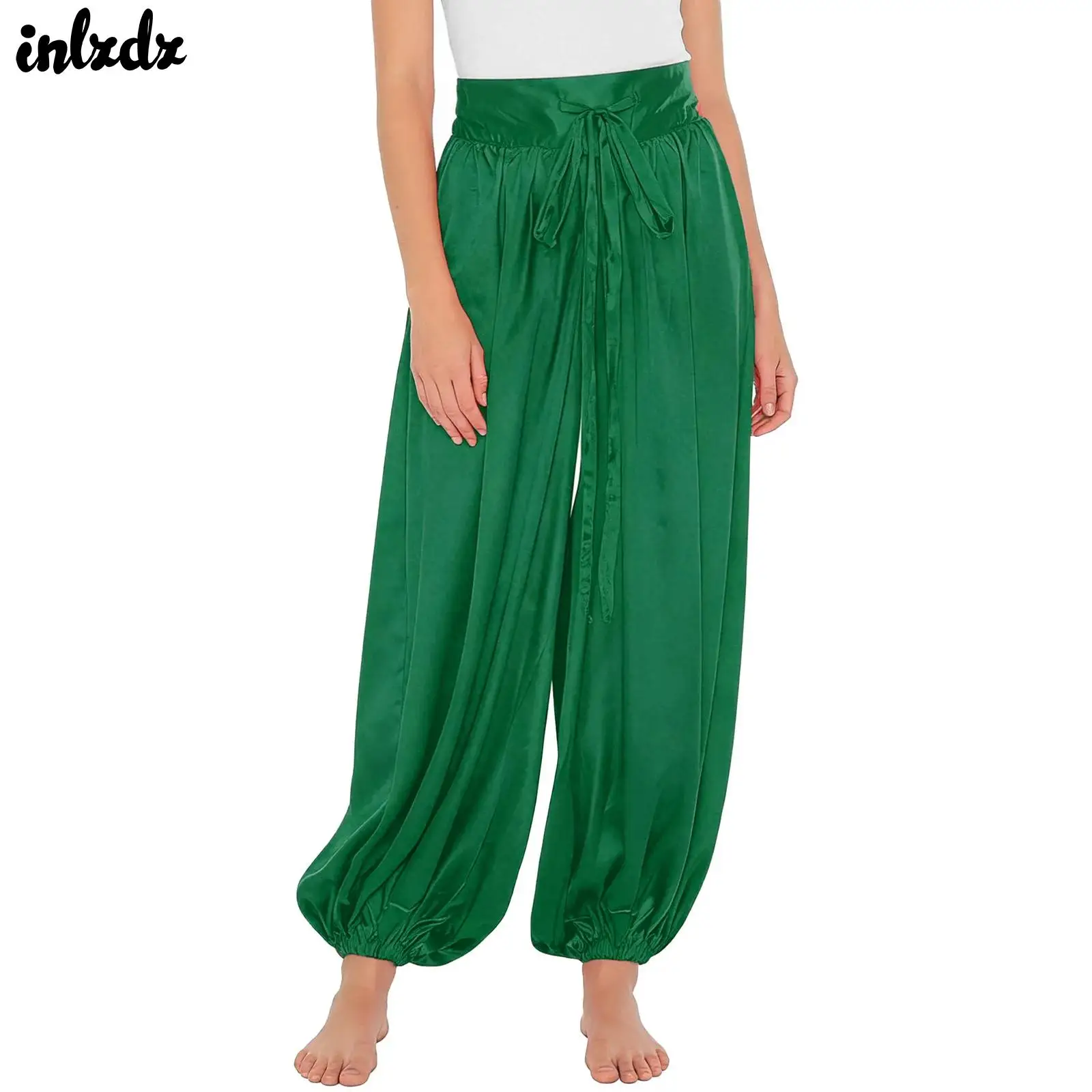 

Женский танец живота, арабская волшебная лампа, атласные шаровары для танца живота, свободные брюки-фонарики с завязками на талии, карнавальный костюм для вечеринки