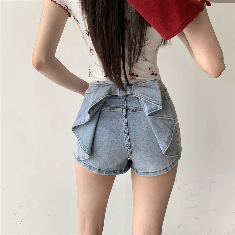 

2025 Y2K Women's Jeans Sky Blue Butt-Lifting Shorts Stretch Waist Bow Denim 2686