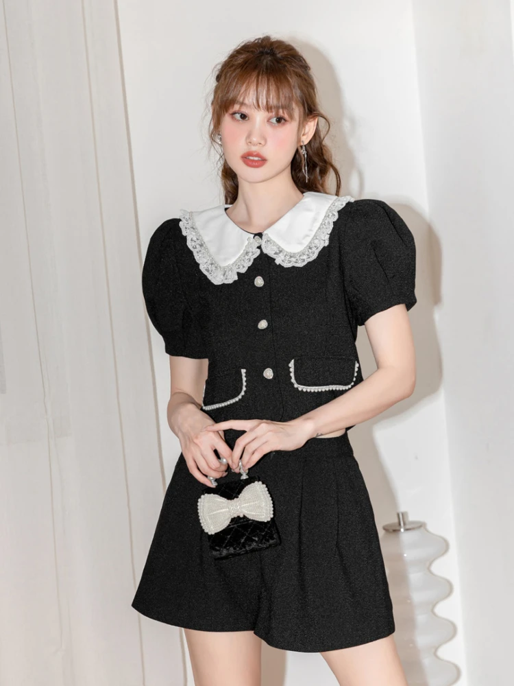 Aoi Spring Summer Y2k New Black Two-Piece Set Women Elegant Socialite Love Lace  Lapel Coat Short Tops+High Waist Culottes Suit