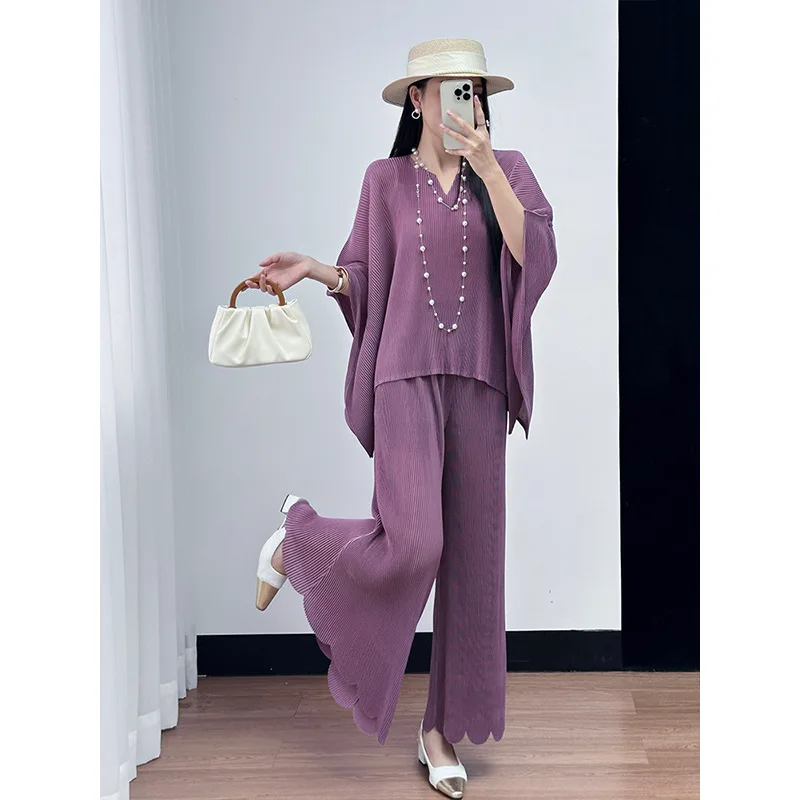 Cor sólida plissado superior calças de cintura elástica irregular conjunto de duas peças premium sentido miyake 2025 verão moda feminina terno