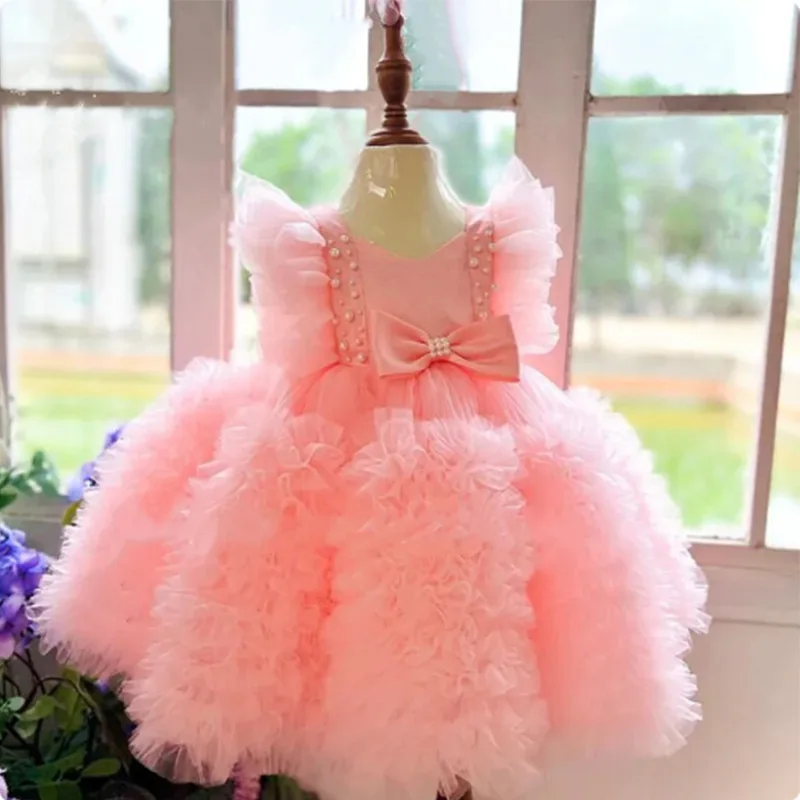 

Luxury formal Girls pearl Bow Princess Dress 2024 New flower Baby Birthday Dresses Teen Ball Gown Dres Children Wedding Clothing