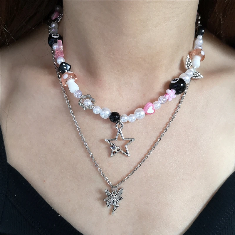 Kpop Goth Vintage Y2K Angel Star Cross Heart Pendant Pink Beaded Snake Chain Necklace For Women Men Punk Jewelry EMO Accessories