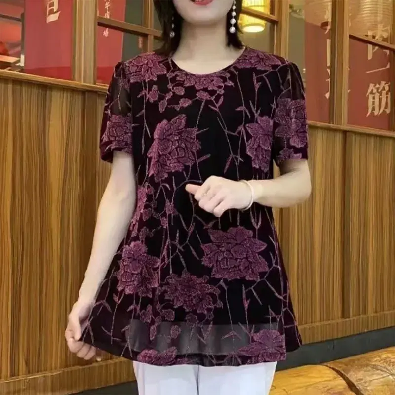 Stylish Floral Bright silk Gauze pullovers Summer Vintage Casual Loose Female clothing Round neck All-match short Sleeve T-shirt