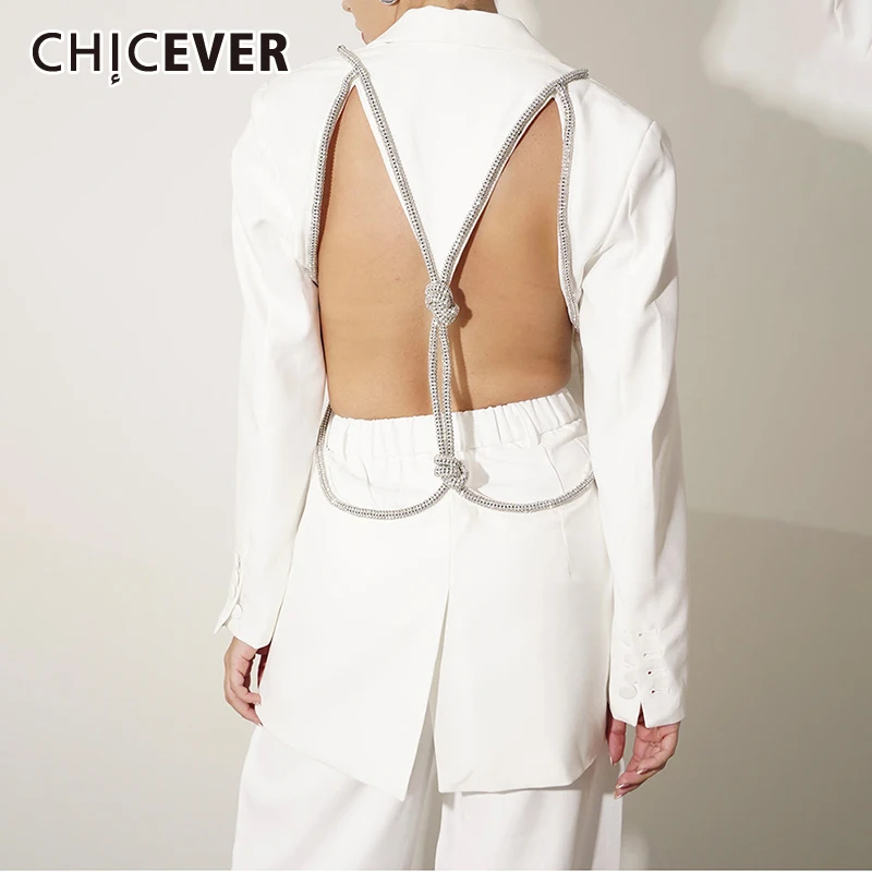 

CHICEVER Korean Sexy Backless Blazer For Women Lapel Long Sleeve Solid Minimalist Hollow Out Patchwork Diamonds Blazers Female