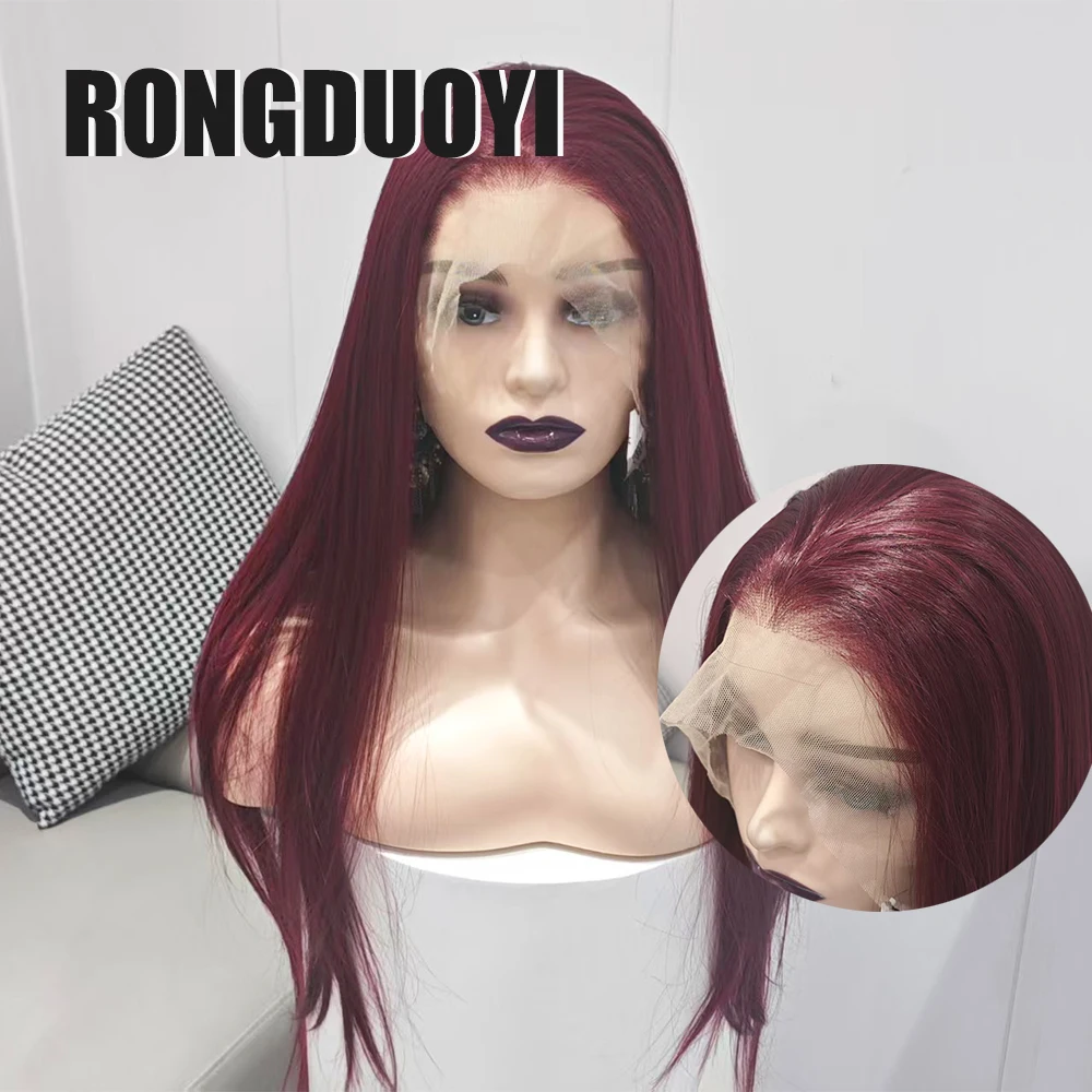 RONGDUOYI Burgundy Straight Hair Synthetic Wig Silk Natural Straight Mix Dark Red Lace Front Wigs for Women Daily Makeup Use