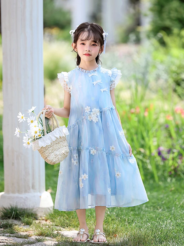 girls-summer-new-sweet-long-dress-princess-style-sleeveless-thin-material-children's-fashion-rural-style-mid-waist-embroidere