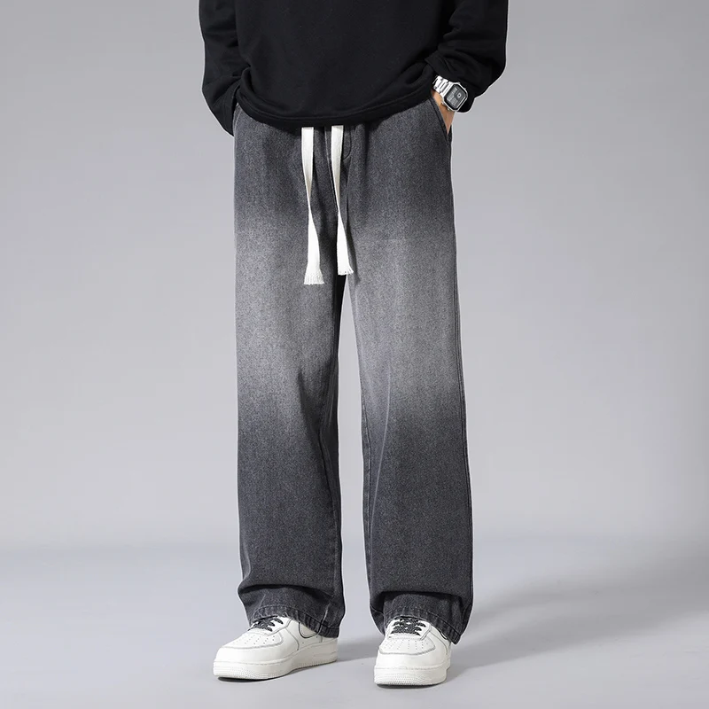 Men's 2024 Autumn and Winter Elastic Waistband Patchwork Drawstring Pocket Solid Color Loose Straight Leg Wide Leg Casual Jeans