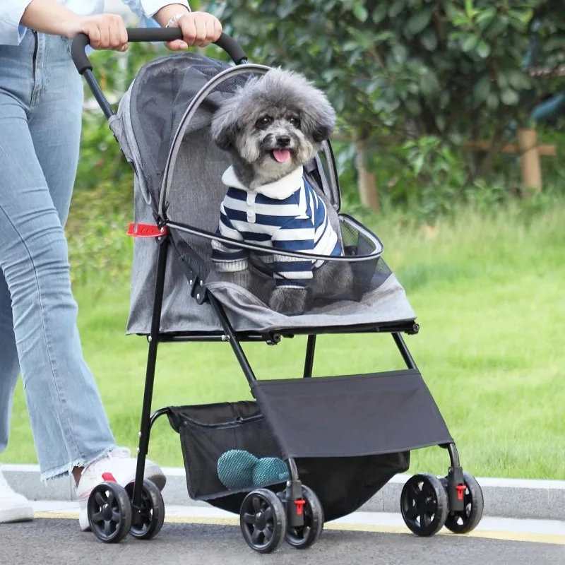 

4 Wheels Pet Stroller, Foldable Puppy Stroller with Weather Cover, and Storage Basket for Small Medium Dogs and Cats, Bl