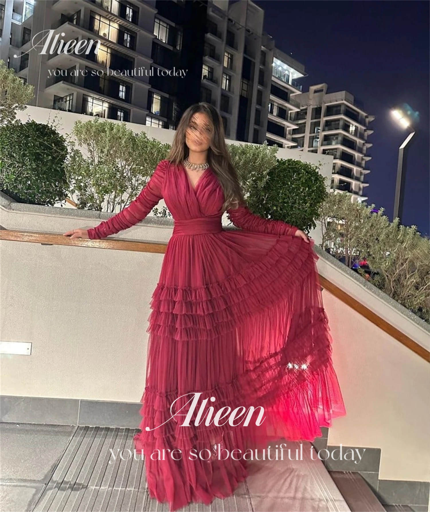 Eid Al-fitr Ball Gown Party Dress Mesh Rose Red Fluffy Formal Midi Dresses Elegant Women customized Luxury Weddings Gala Woman