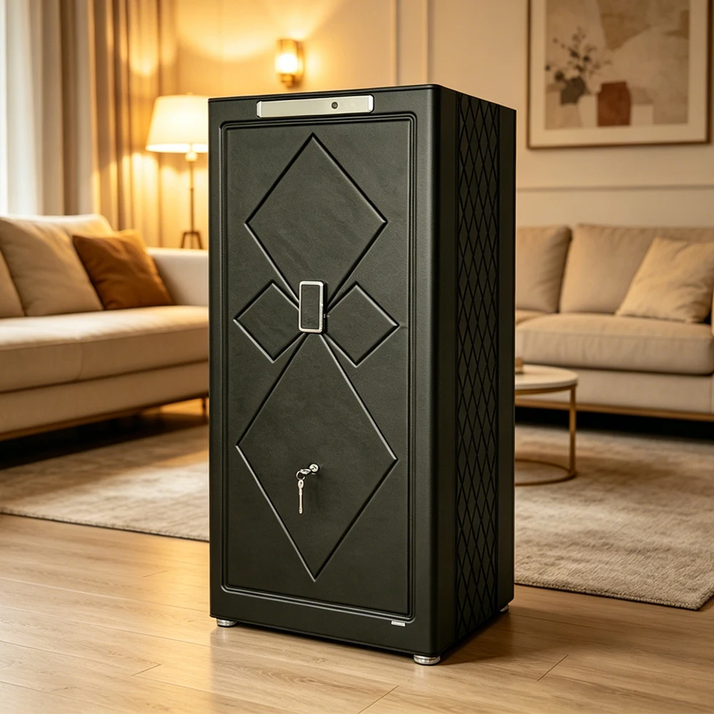 D-150H Home Safe Cabinet 150cm Tall Luxury Leather Biometric Fingerprint Lock 4 Drawers 256kg Watches Jewelry