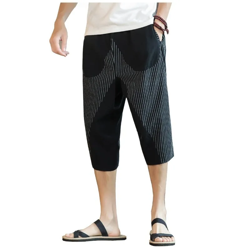 

2025 Summer Men's Striped Contrasting Color Chinese Style Seven-point Bloomers