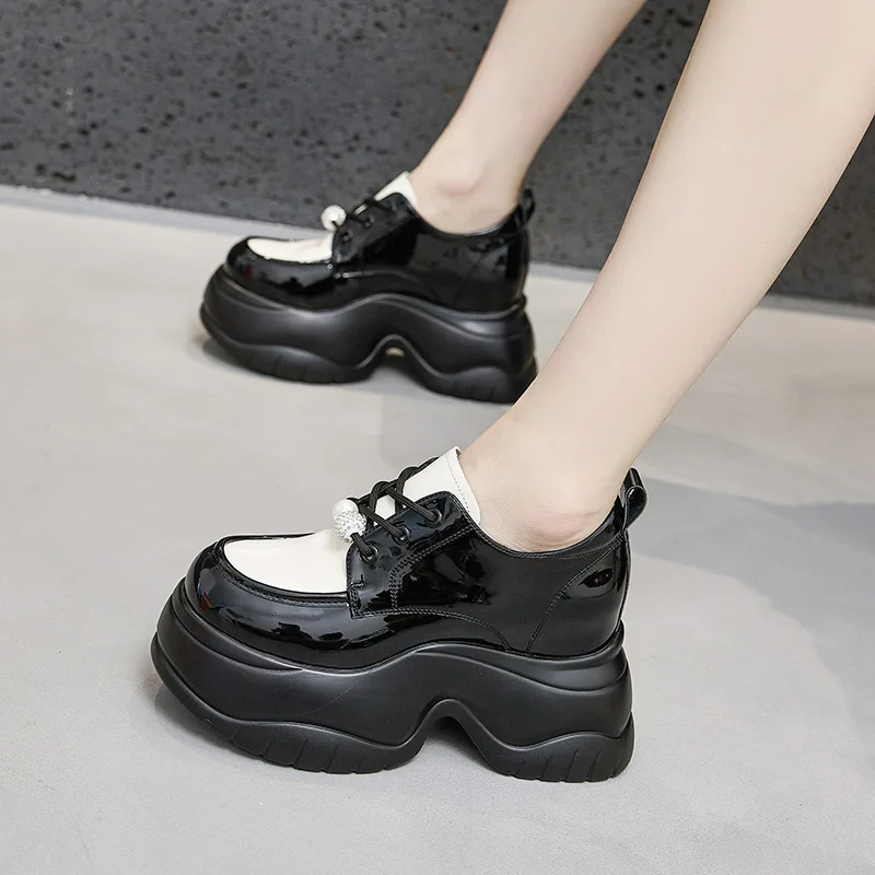 CICIYANG Chunky Platform Loafers Women 2024 Autumn New High Heels Lace-up Patent Leather Women's Shoes Dress Shoes for Ladies