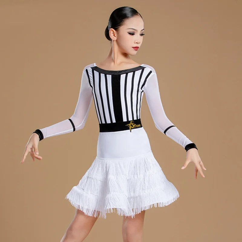 

Professional Latin Dance Practice Skirt Black White Striped Mesh Backless Dancewear Costume Cha Cha Tassel Female Performance