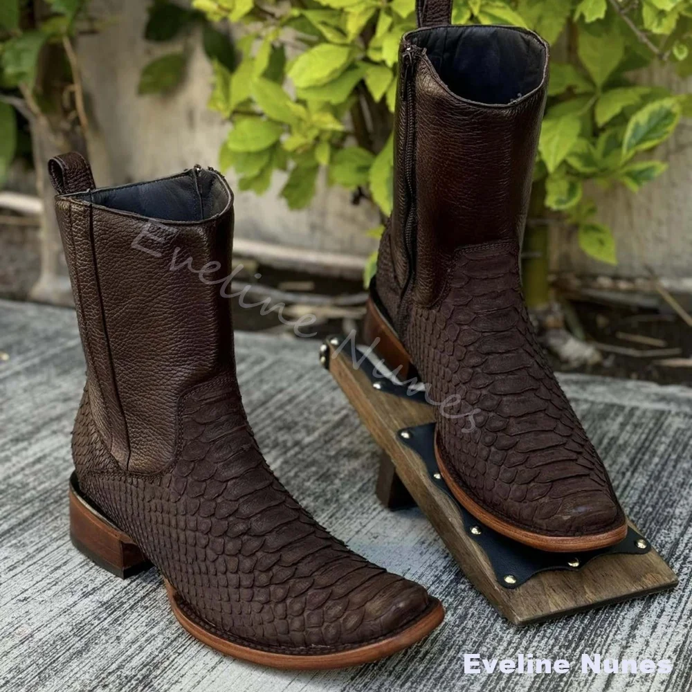 Crocodile Square Toe Snake Print Western Boots Women Round Toe Chunky Heel New Knight Boots 2026 Spring Retro Mid-Calf Boots