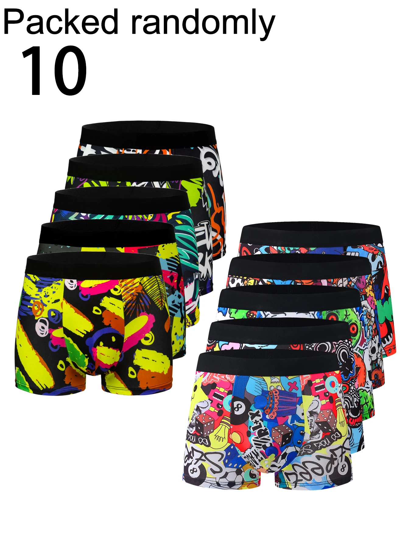 10-Pack Men's Boxer Shorts Assorted Random Colors Fruit Graffiti Print High Elasticity Skin-Friendly Youth Fashionable Comfortab
