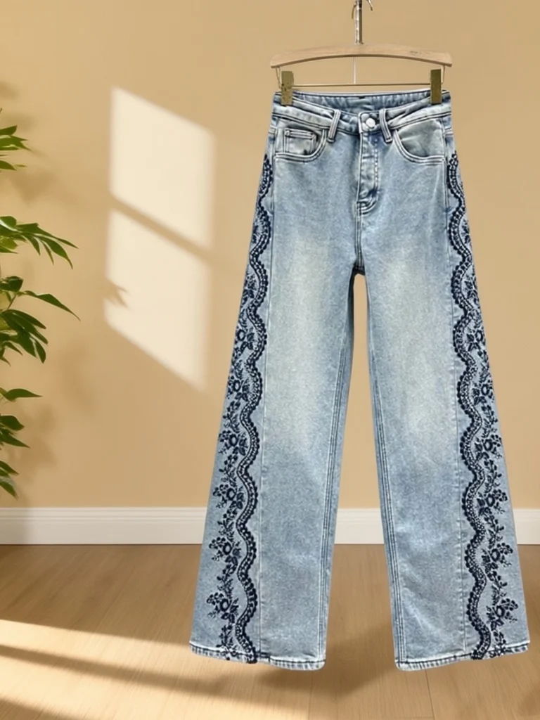 

Женские джинсы Ele с вышивкой и стразами, с высокой талией, широкими штанинами, весенние, модные, уличный стиль, стройнящие, в пол