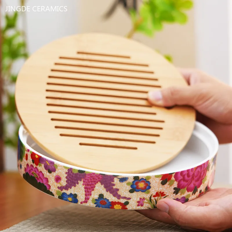 Ceramics Bamboo Tea Tray Water Storage Type Tea Set Tray Board Table Chinese Tea Cup Ceremony Tools Living Room Trays Decorative