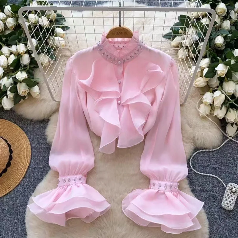 

Women Shirt Solid Blouses Rhinestone Ruffled Hem Flare Sleeves Stand Collar Single Breasted Loose Fit Office Casual 2026 Autumn