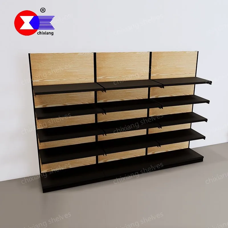 ชั้นวางสินค้าแบบกำหนดเอง สไตล์เหล็กสีดำ ชั้นวางสินค้าโลหะสำหรับร้านขายของชำ ทำจากไม้และเหล็ก