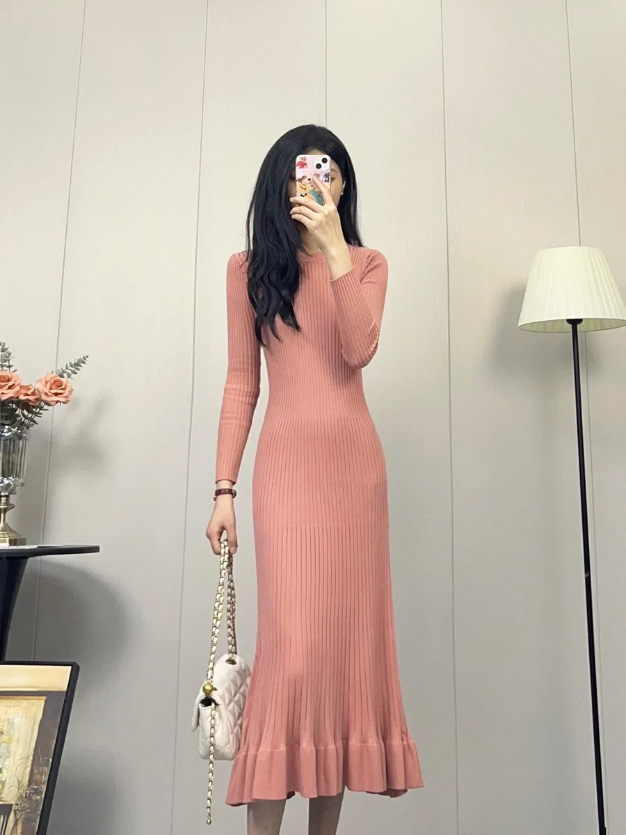 Elegant Knitted Dress Women's New Style Knee-Length Slimming Inner Wear Matching with Coat Sweater Midi Dress Pure Color