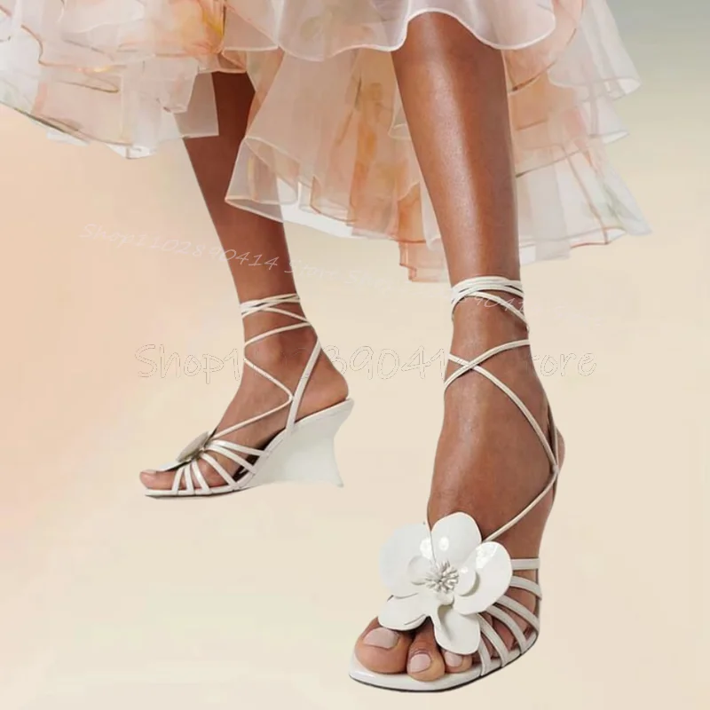 White Flower Design Strange Style Heels Twine Sandals Lace Up Women Shoes Fashion Party Feast Banquet 2024 Zapatos Para Mujere