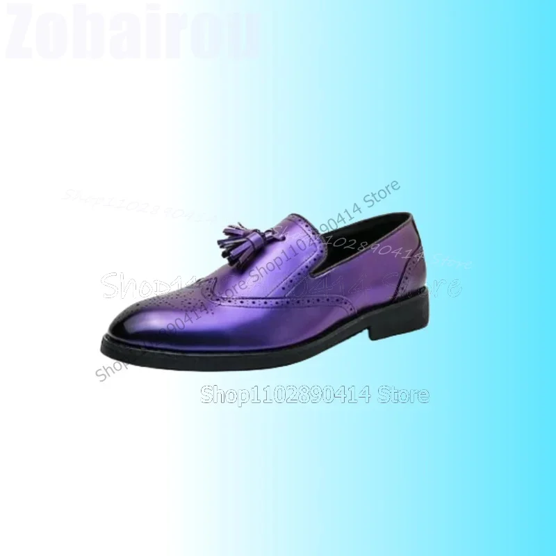 

Purple Carving Design Tassels Decor Loafers Fashion Slip On Men Shoes Luxury Handmade Party Feast Banquet Office Men Dress Shoes