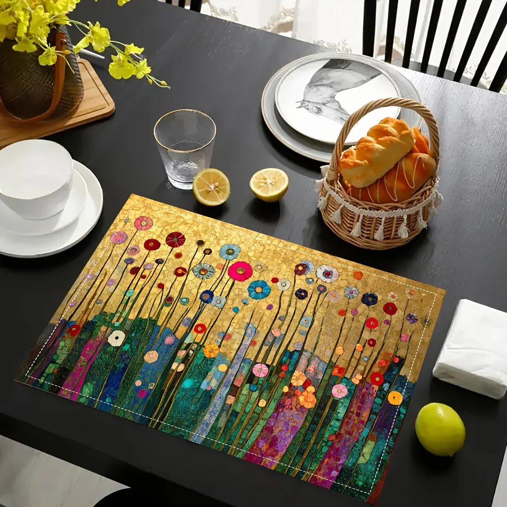 4 Stück Gustav Klimt Blumen-Tischsets mit goldenem Design, ideal für Esstische und Küchen.