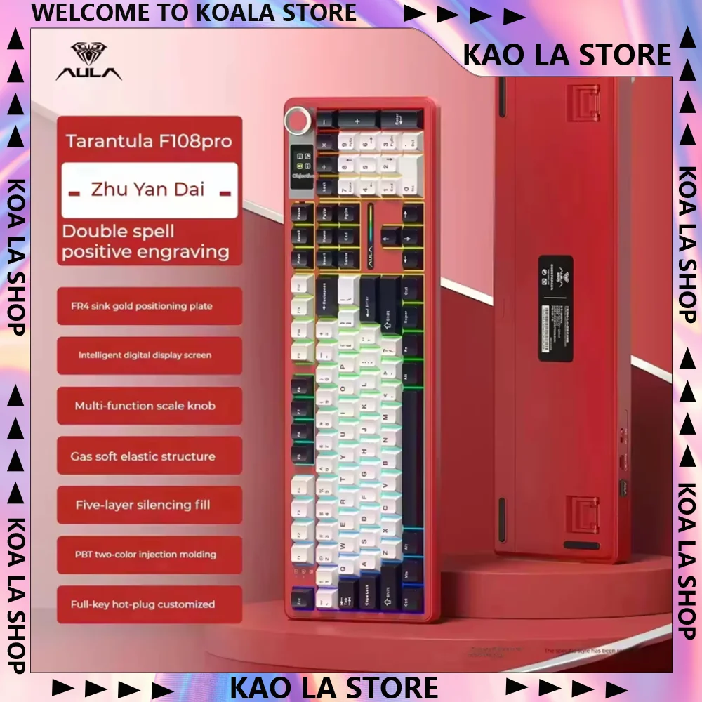 AULA F108 Pro Wireless Mechanical Keyboard 3 Mode Hot Swappable RGB Gaming Keyboard Gasket Mount FR4 Plate Gold Plated Board for