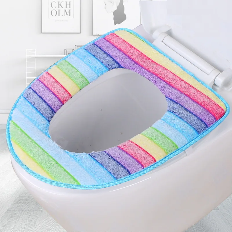 Four Seasons Universal Toilet Seat Cushion Winter Thickened Toilet Ring Cover New Creative Rainbow Striped Bathroom Toilet Pads