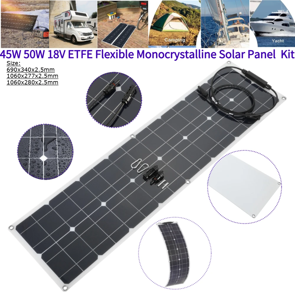 45 واط 50 واط 18 فولت ETFE مرنة أحادية البلورية لوحة طاقة شمسية كابل الطاقة الشمسية خلية نظام البطارية عدة للتخييم البحري قارب RV شحن