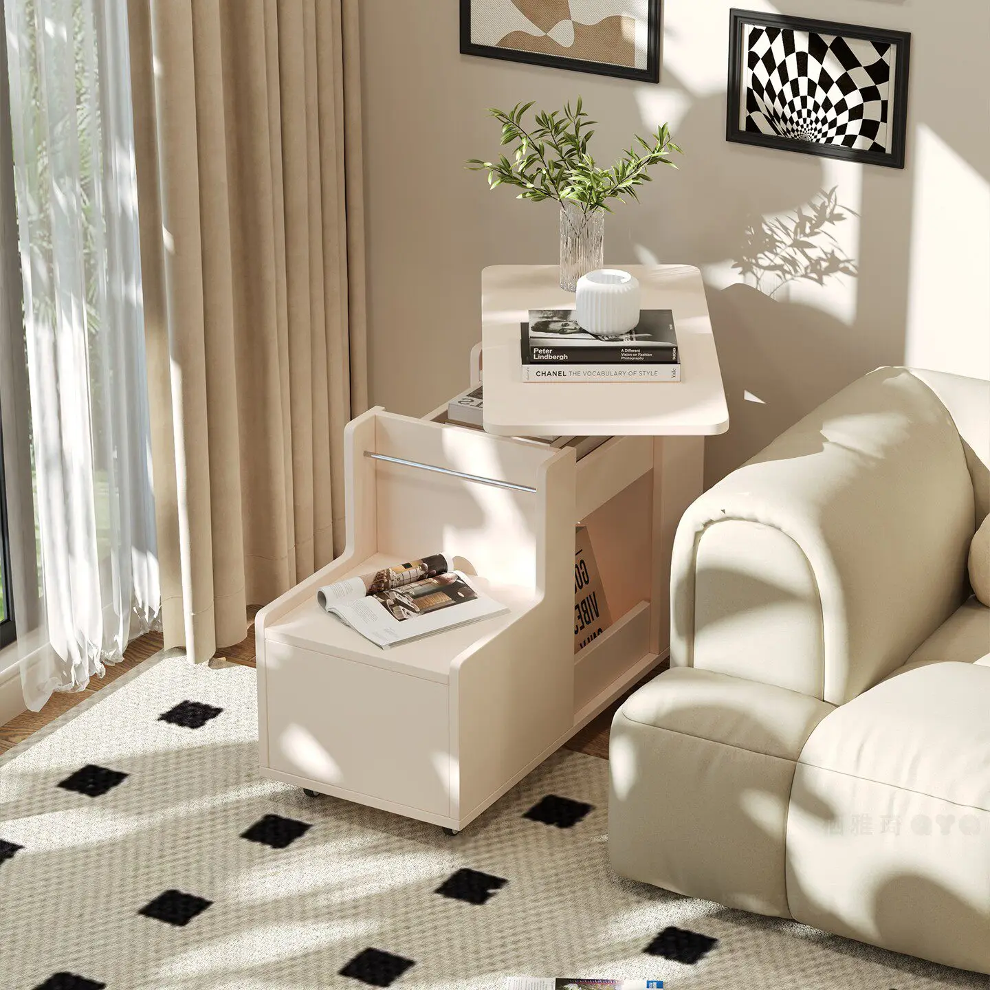 

French cream style solid wood sofa side table coffee table living room small side cabinet movable lifting small apartment side