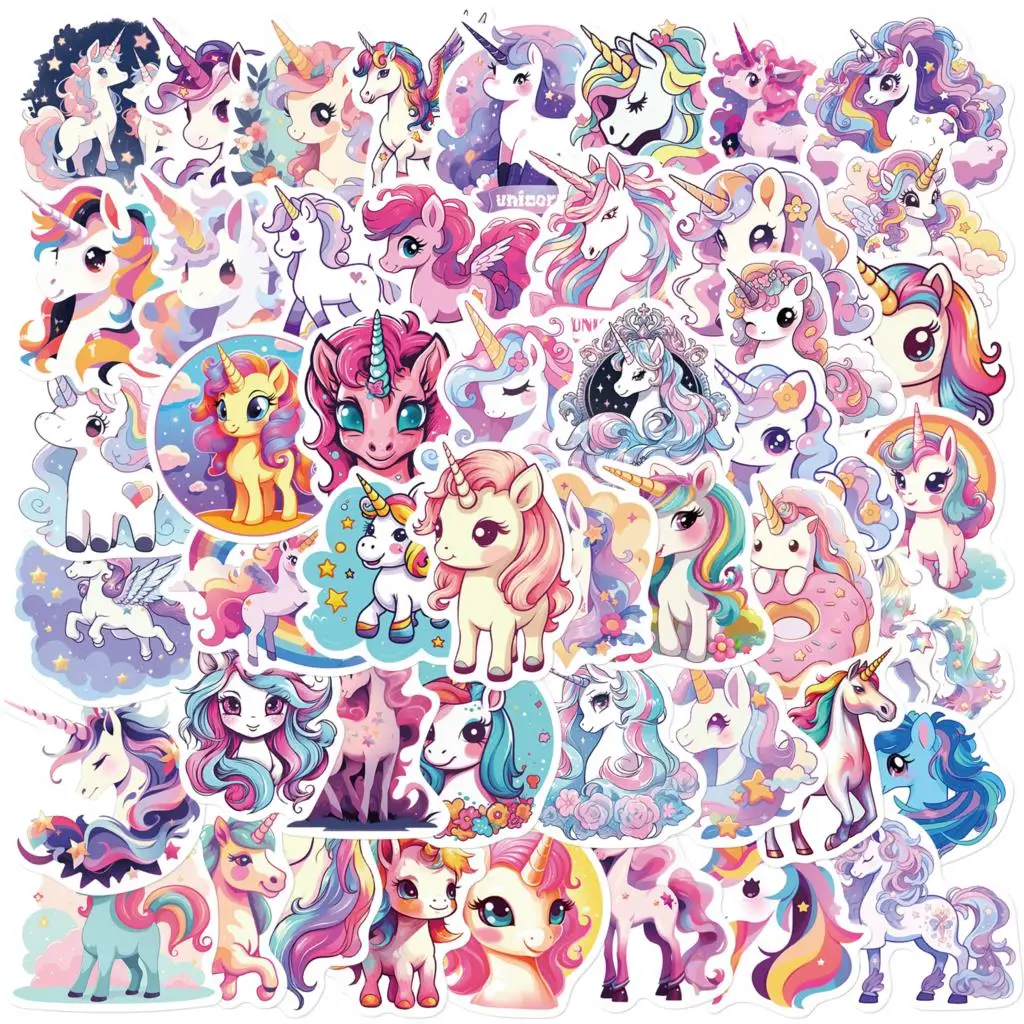 Cartoon Rainbow Unicorn Stickers, DIY Scrapbook, Laptop, Bagagem de viagem, Parede, Decoração do carro, Graffiti Sticker, 50pcs