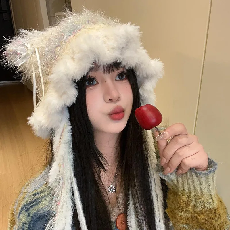 2025 Fashion Autumn Winter Women Sweet Striped Spliced Warm Ear Protection Pullover Trend Bow Decoration Dual-use Knitted Hats 4