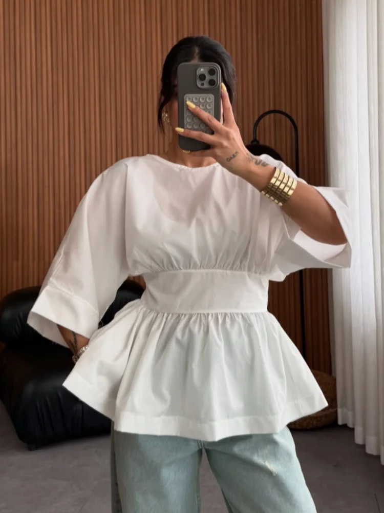 

Casual Backless Women's Shirt Fashion Loose Round Neck Half Sleeve Female Blouse Summer Chic Lace Up Solid Lady Outerwears 2025